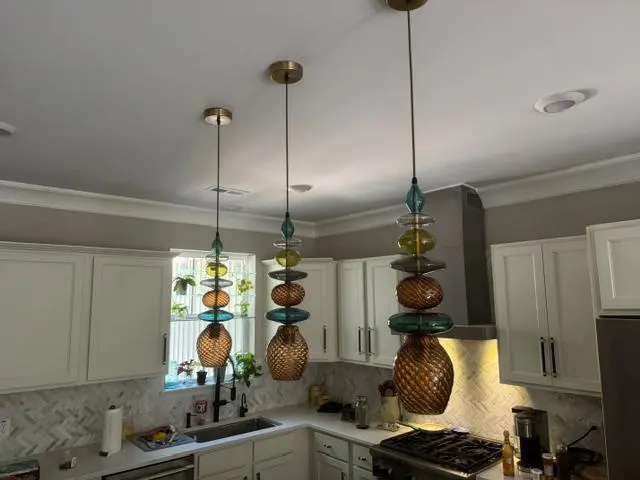 Hand Blown Glass Pendant Light – Vertical Brass Accent Lighting