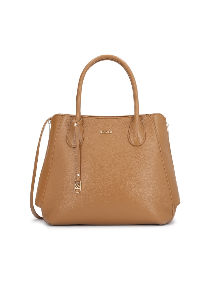 Light brown leather handbag with key ring and expanding locks