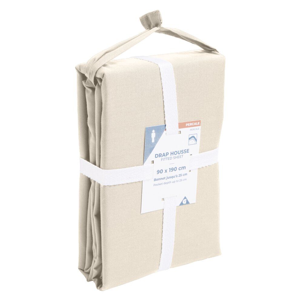 Drap housse 90x190cm 100% coton percale beige
