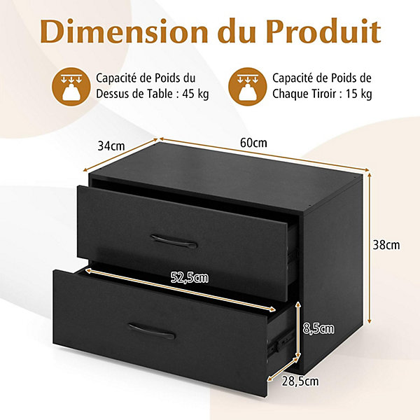 Commode à 2 Tiroirs Empliable Commode de Rangement en Bois avec Dispositifs Anti basculement Armoire de Rangement Noir