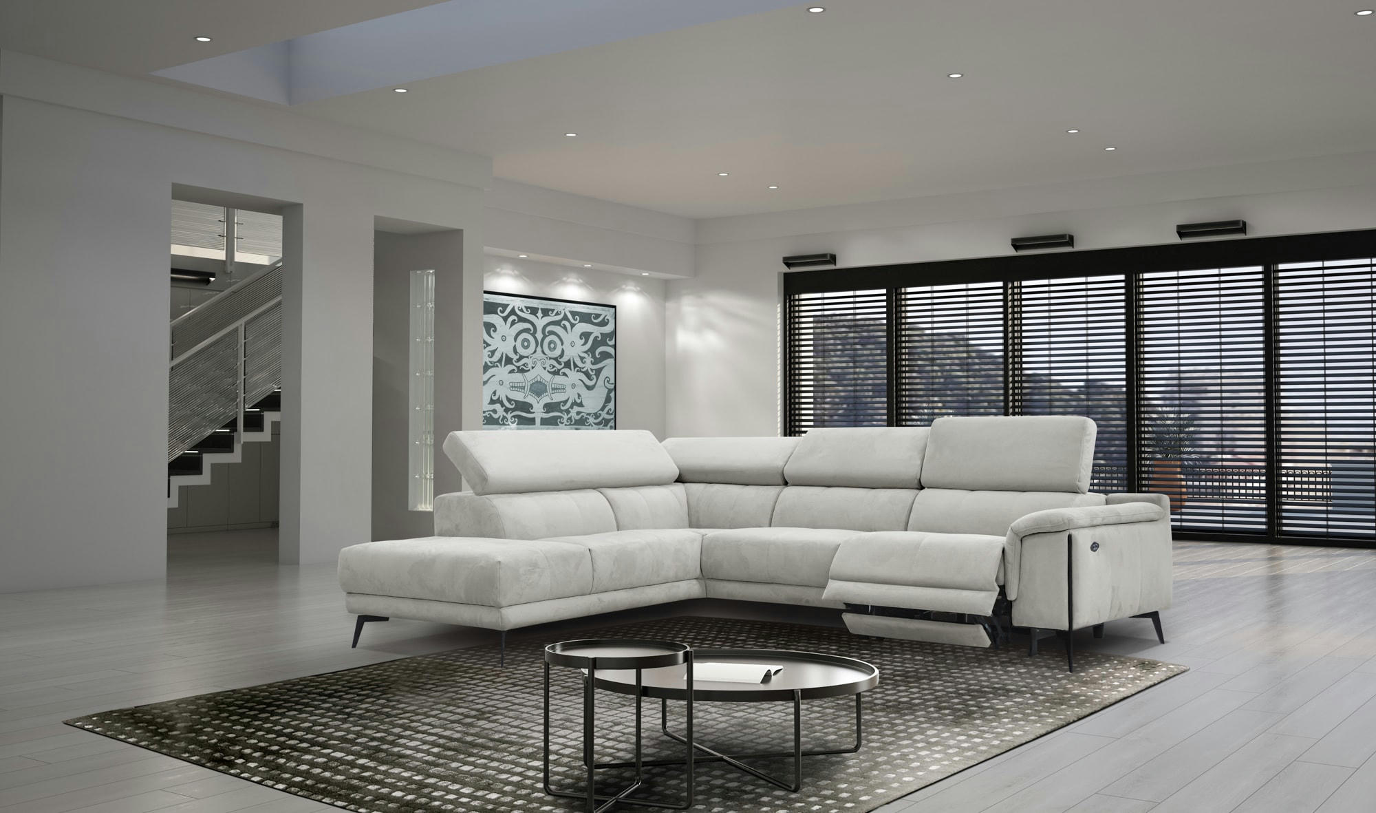 MATERA - Canapé d'angle droit 5 places avec une relax électrique, Tissu Grège