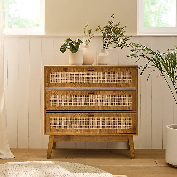 Commode 3 tiroirs avec façades en rotin et pieds en bois L80 cm - ALIA