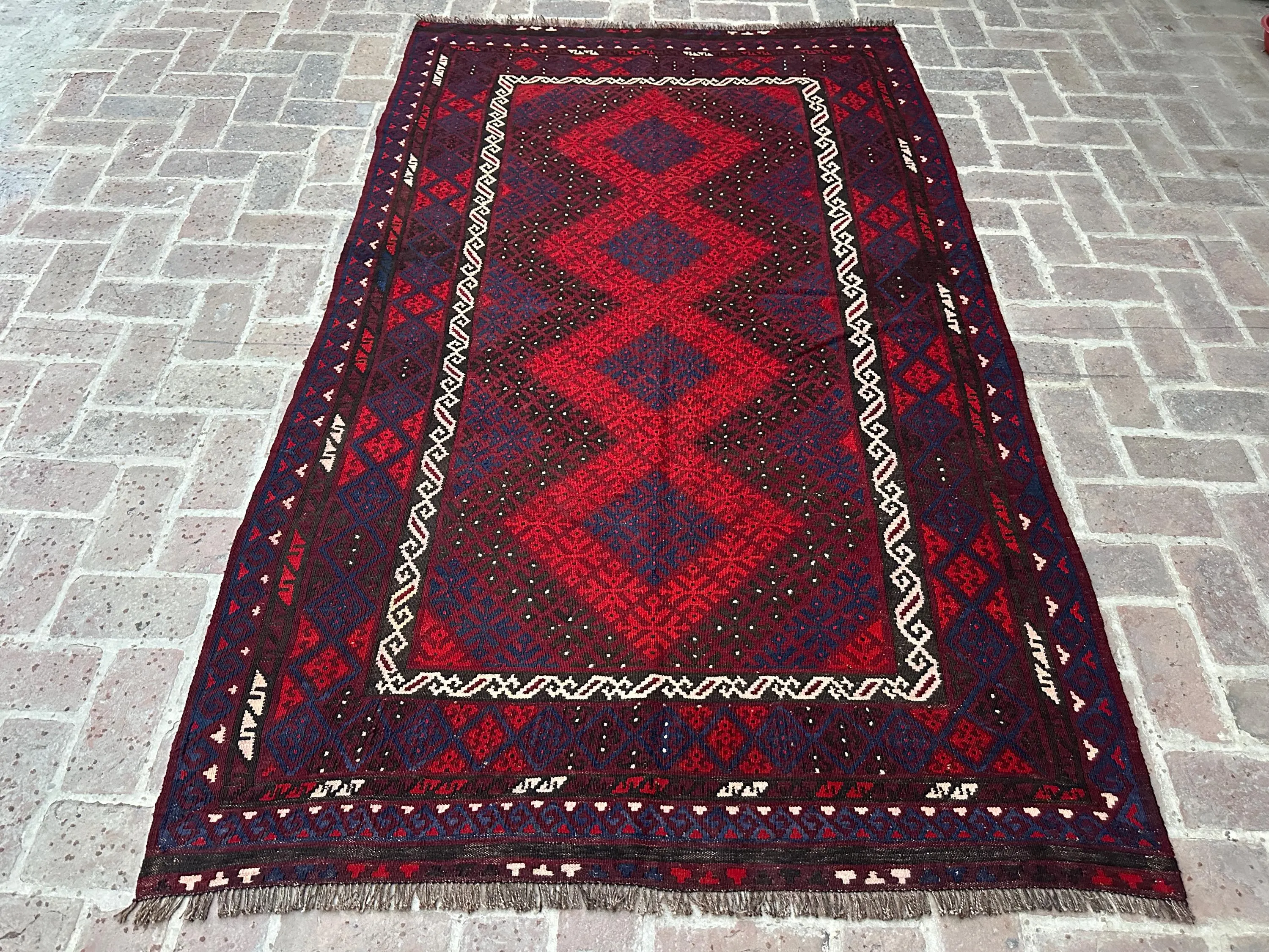5x9 Vintage Afghan Galmori Kilim Rug, Red Blue Black Tribal Wool Flatweave Handmade Geometric Carpet, Boho Living Room Bedroom Dining Decor
