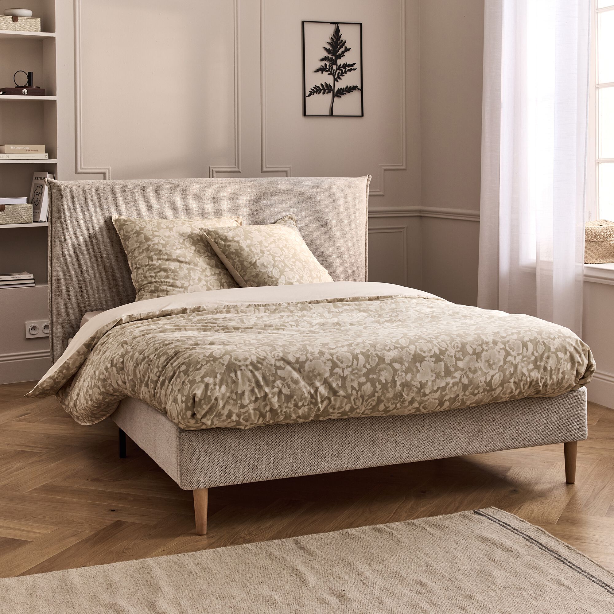 MARLO - Lit 2 places avec tête de lit en tissu 160x200cm - gris