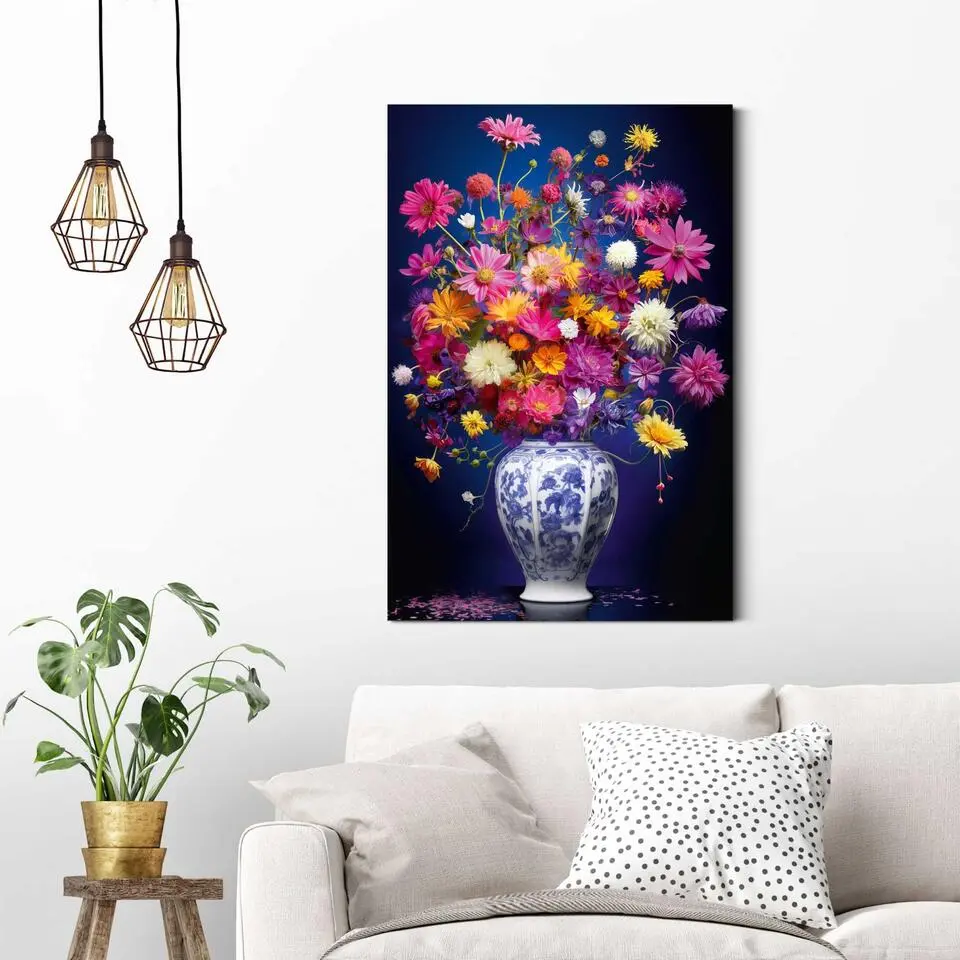 Schilderij Delft Flowers - 90 x 60 - Bont