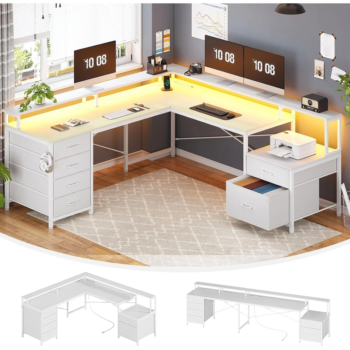 L Shaped Home Office Desk with 6 Drawer File Drawer Power Outlet