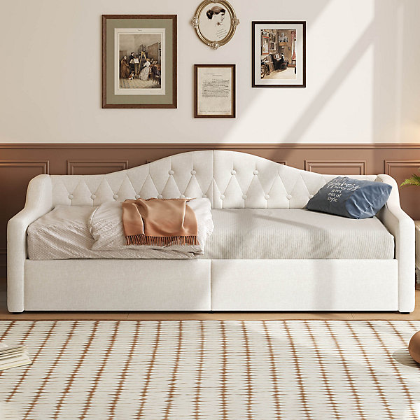 Lit 90x200 cm tapissé lin beige avec rangement sous-lit et bande LED 7 couleurs, cadre bois moderne, 12 lattes