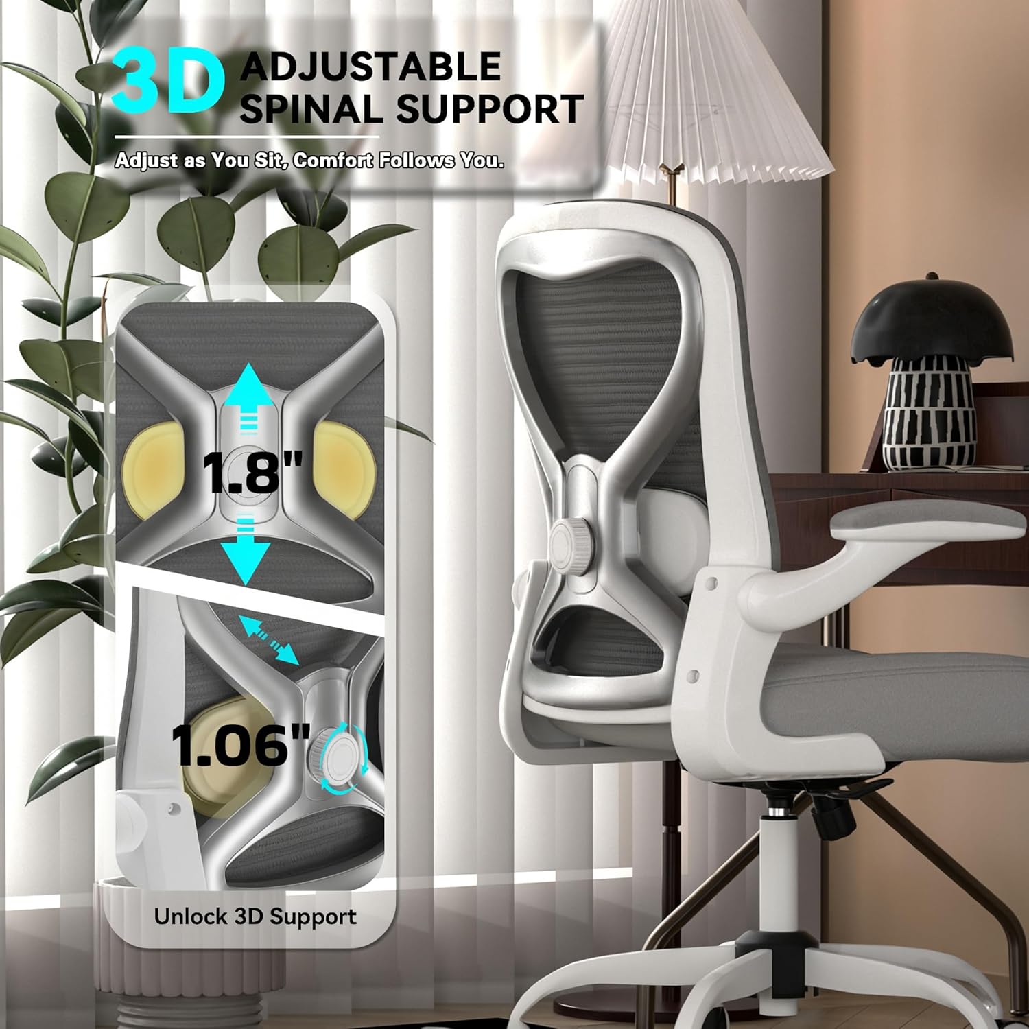 Office Desk Chair with Ergonomic Lumbar Support, Extra-Thick Seat Cushion, Flip-up Arms, Breathable Mesh Back, Computer Task Chair for Home Office