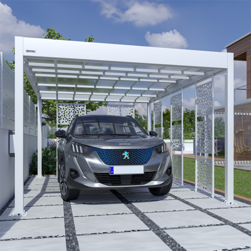 Carport en aluminium Libeccio blanc avec 5 claustras 16,6 m²