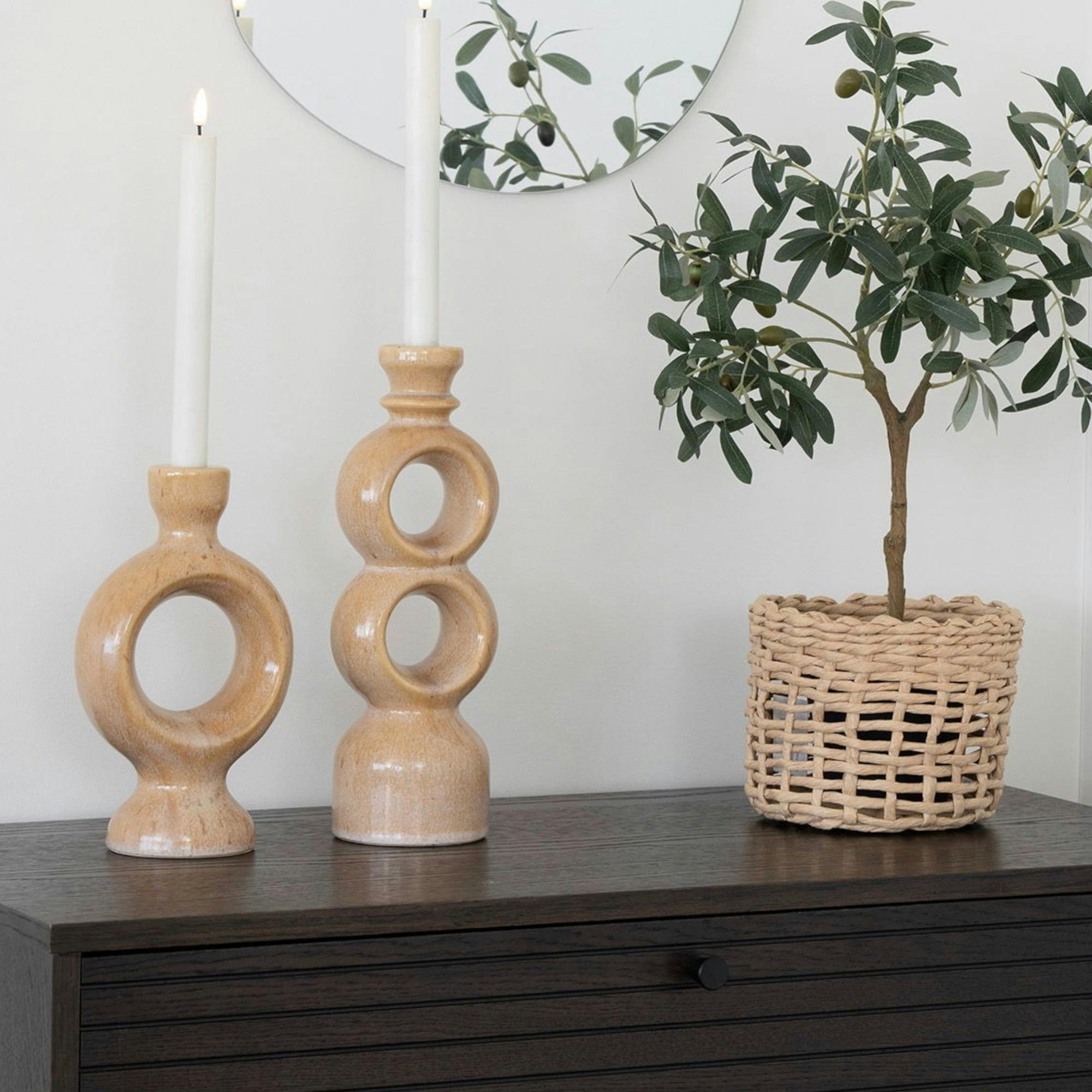 Bougeoir déco en céramique - forme anneau sculptural, beige brun
