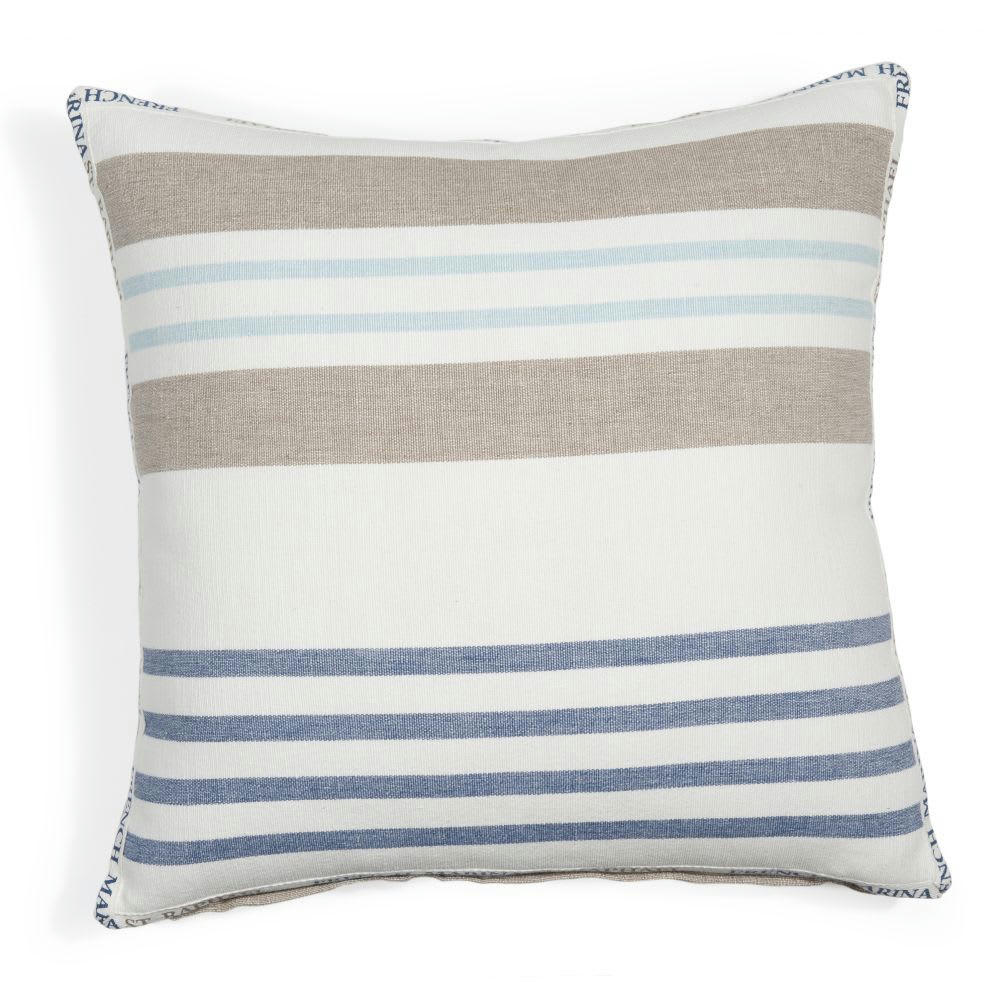 CAP MARTIN - Coussin en coton blanc, bleu, taupe motifs à rayures tissées 50x50