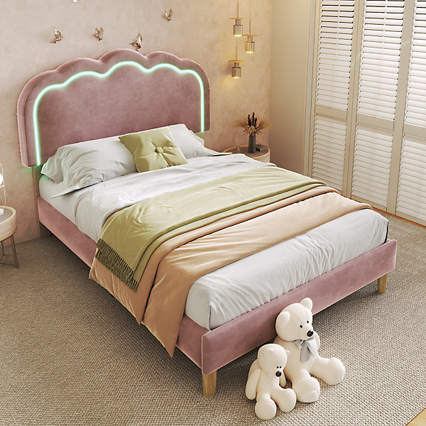Lit 90x190 cm avec tête de lit LED réglable, tapissé velours rose, cadre rembourré au design moderne