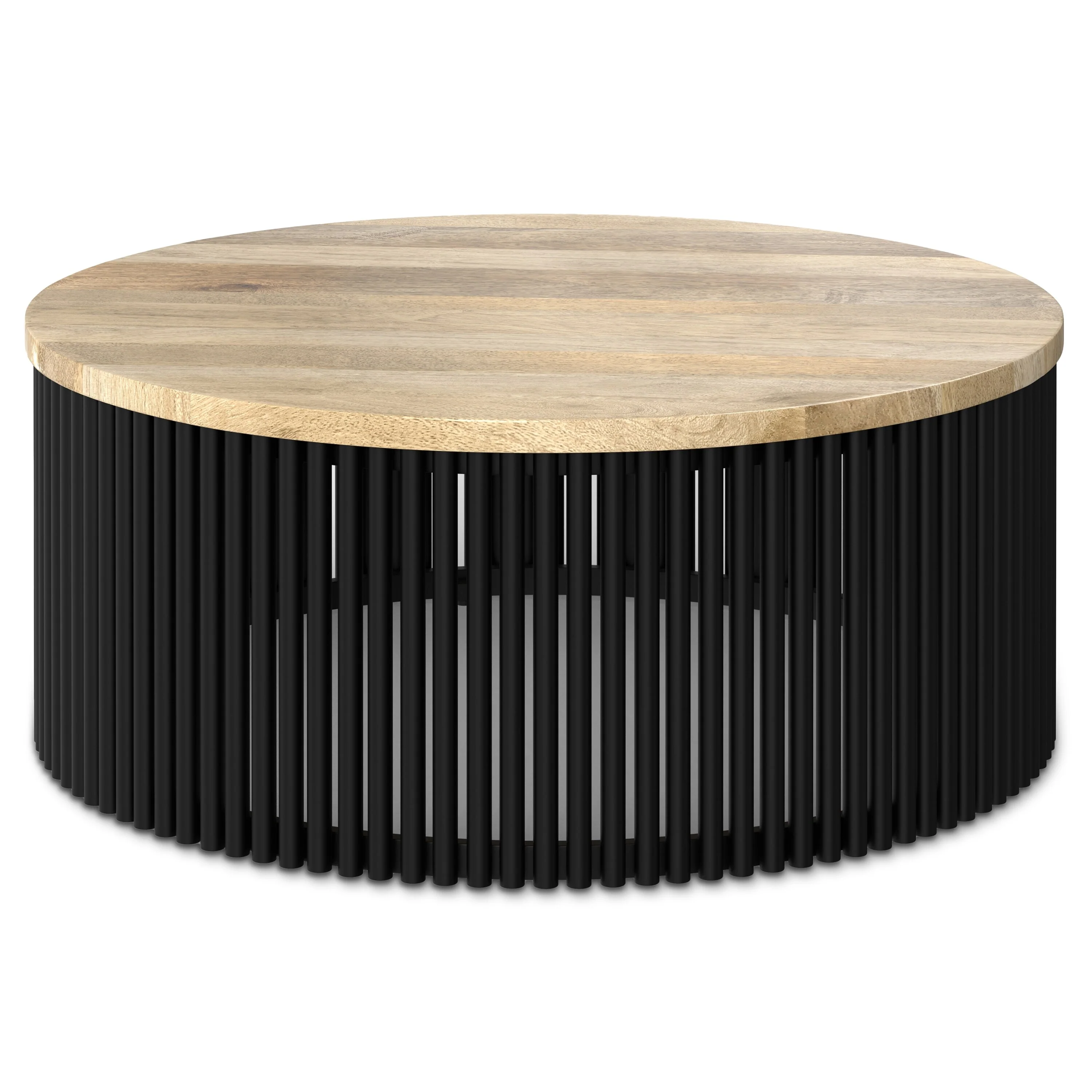 Simpli Home Demy 35 Wide Round Industrial Coffee Table in Natural, Black, Fully Assembled - 35 D x 35 W x 14 H