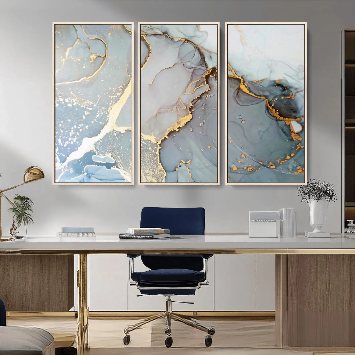 Luxury Office Wall Decor, Gold Marble Canvas Print, Modern Blue Abstract Wall Art, Ready to Hang