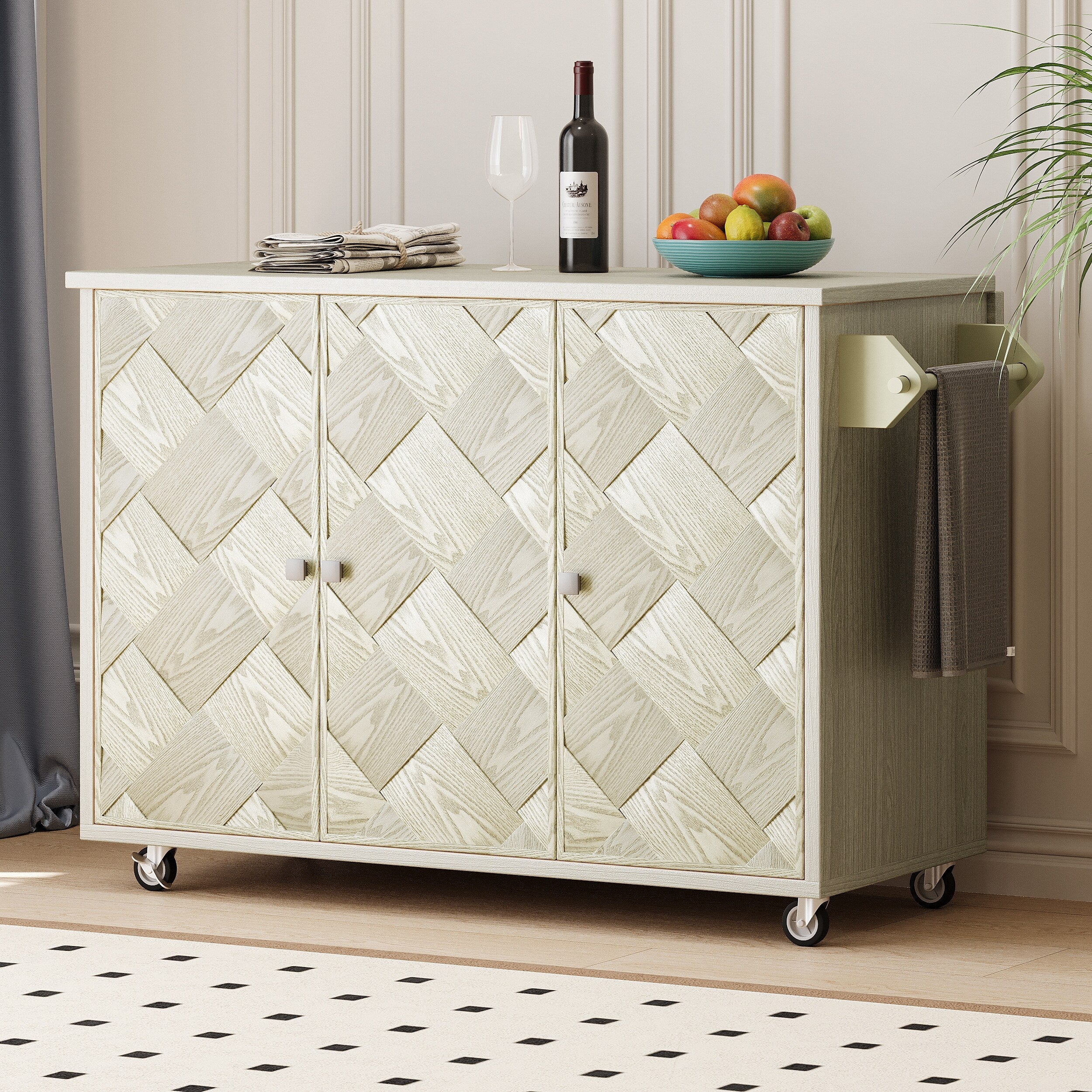 Solid Wood Rolling Storage Cabinet, Handwoven Kitchen Island with Folding Board and Internal Storage Rack for Dinning Room