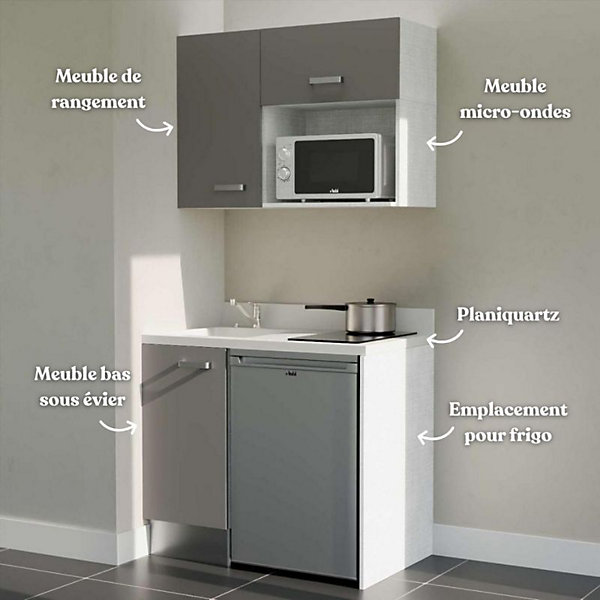 Kitchenette K00 - 100 cm - façades Gris - Plan monobloc en quartz coloris Snova évier à gauche