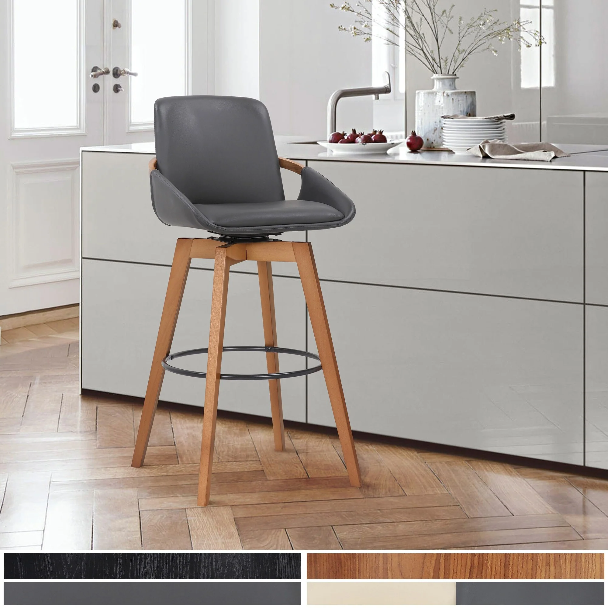 26 Luxurious Grey Faux and Walnut Wood Swivel Bar Stool