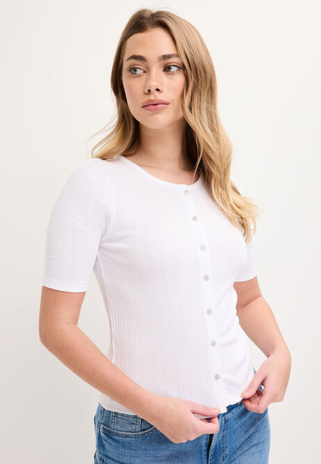 Womens White Ribbed Button Through Top