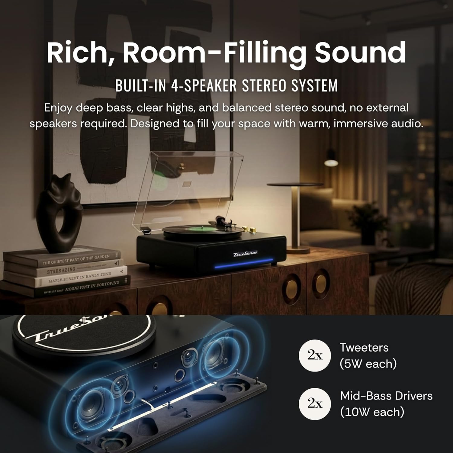 Hi-Fi Record Player with Speakers | Premium Vinyl Turntable with Bluetooth Capability | Built-in 4-Speaker Stereo System for Music Fans  Black Veneer + Gold Trim