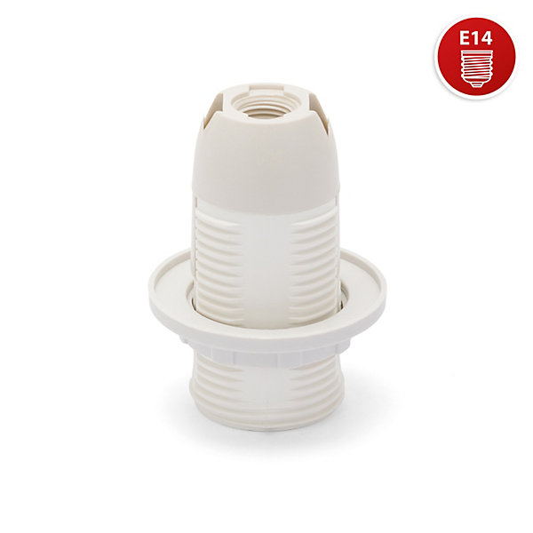 Douille thermoplastique E14. Entièrement filetée, avec écrou à anneau. Blanc