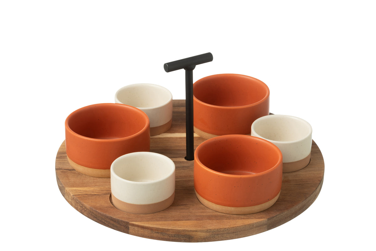 J-Line tapasplank 6 kommen   bambouschaal In Doos - keramiek/hout - wit/oranje