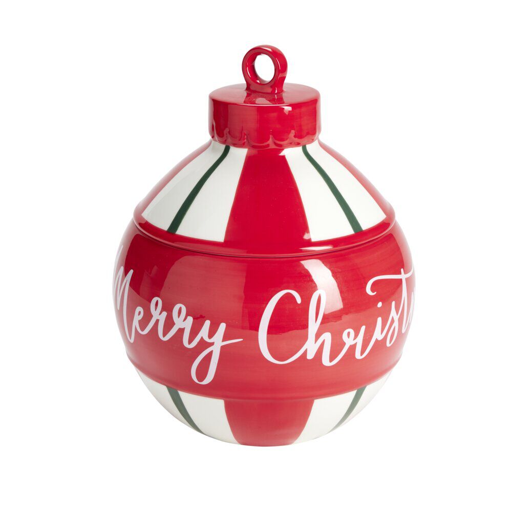Bonbonnière boule de No&euml;l Merry Christmas rouge et blanc Ø21xH27cm