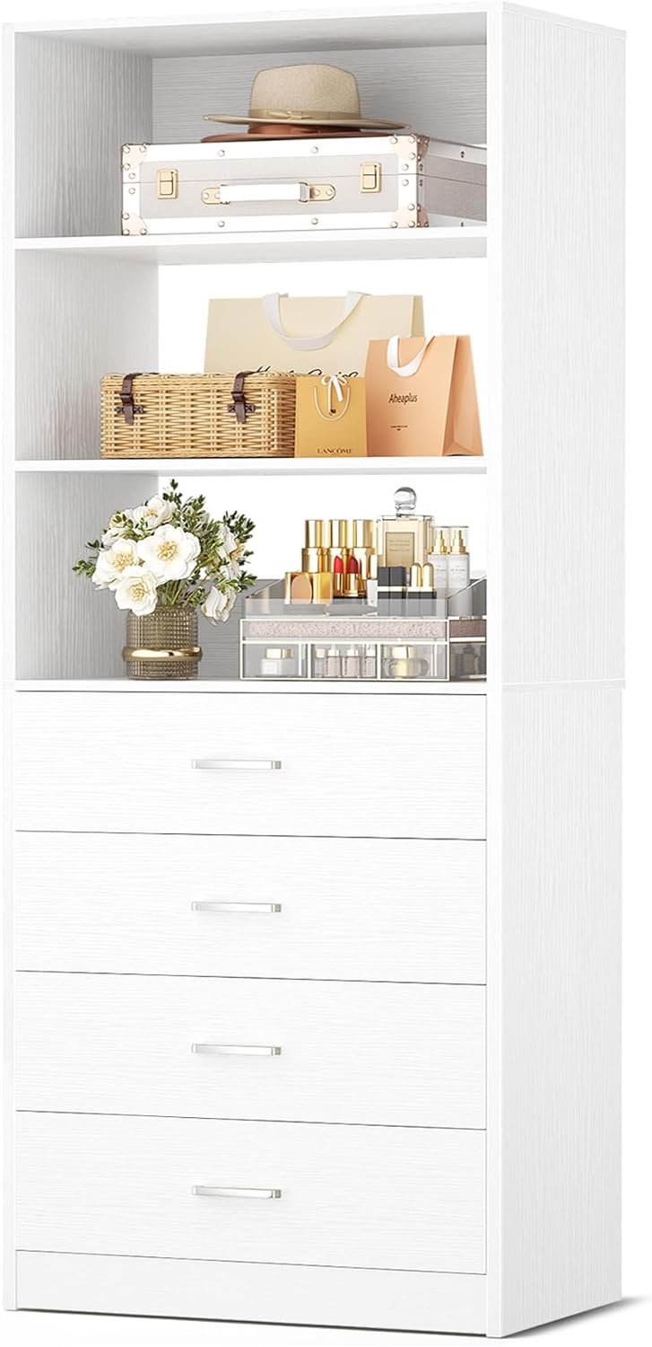 Aheaplus Closet Drawers System, 21.3 Wood Closet Organizer System with 4 Drawers, Modular Walk-in Closet System Storage Unit, Small Closets Wardrobe Rack, Tall Storage Cabinet Unit, White