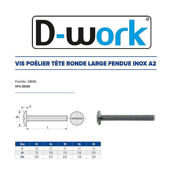 200 Vis Poêlier Tête Ronde Large Fendue 5 x 25 mm - NFE 25129 - Inox A2 - D-Work