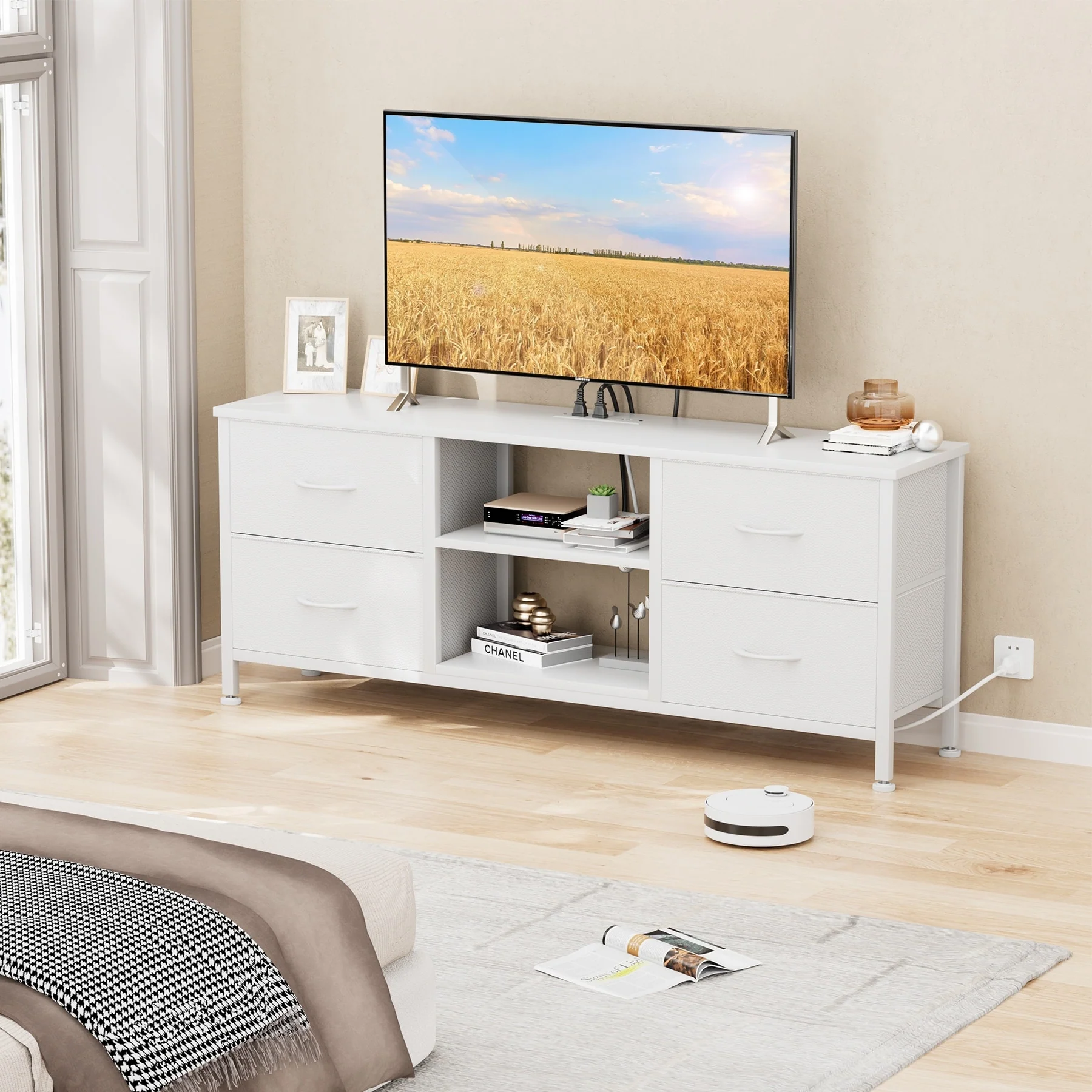 4 Drawer Dresser Fabric TV Stand Charging Station Chests of Drawers