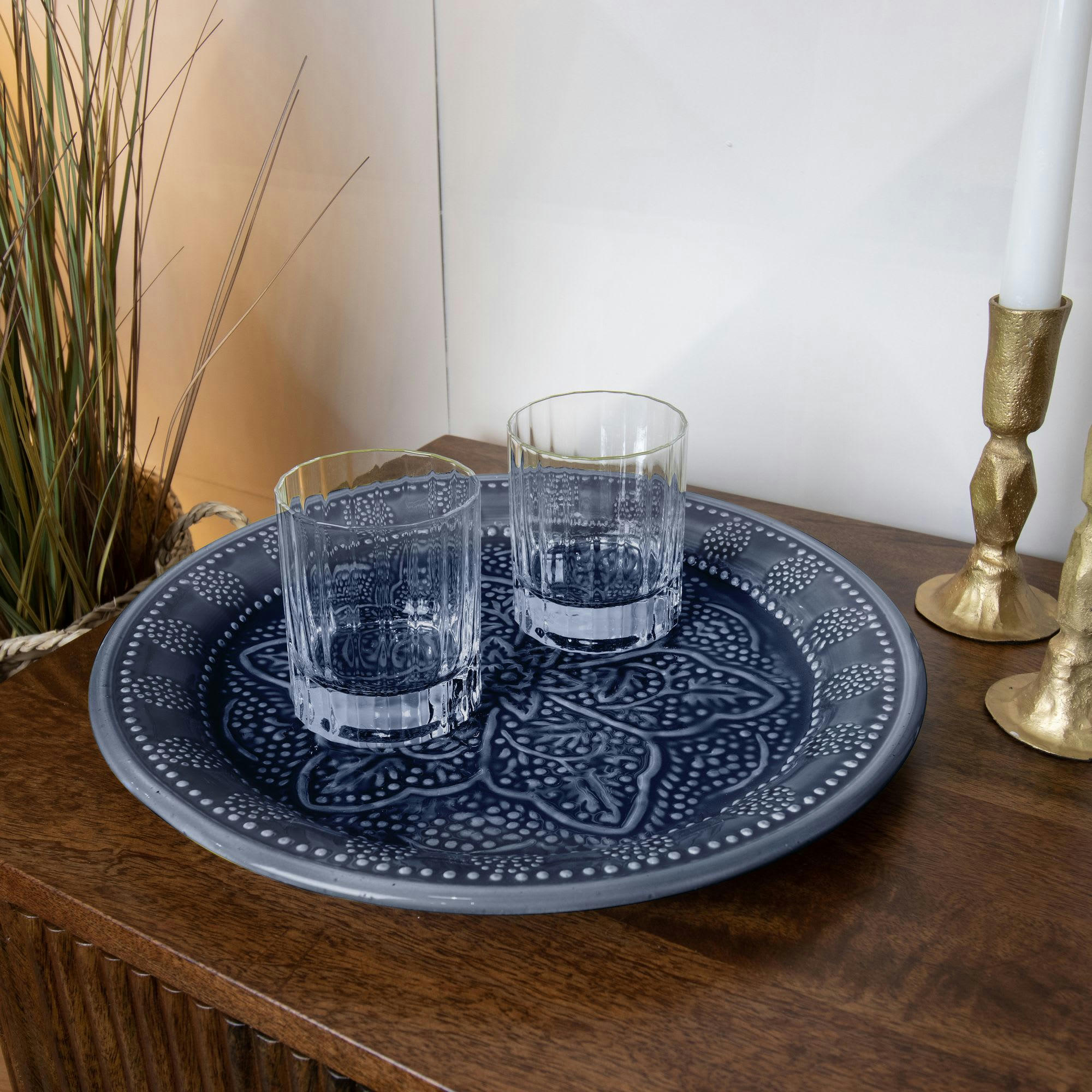 BOMBAY - Plateau en métal émaillé bleu-gris Ø32,5cm