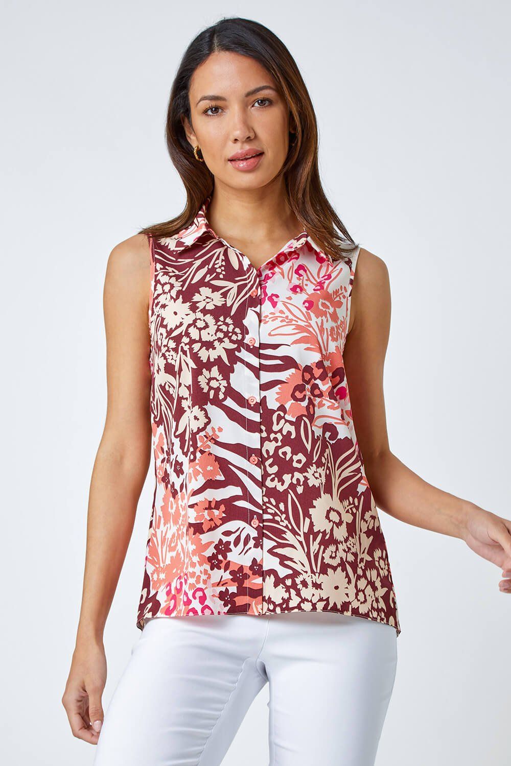 Roman Sleeveless Floral Print Blouse