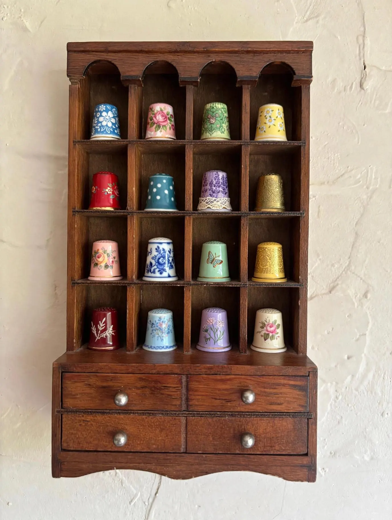 Vintage Wood Thimble Display Shelf 16 Cubby +2 Drawers Miniature Curio Wall 8