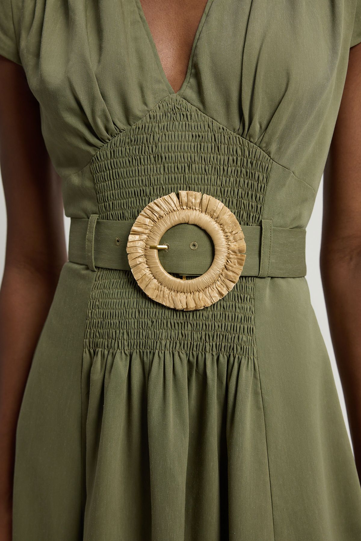 KarenMillen Shirred V Neck Belt Detail Woven Maxi Dress