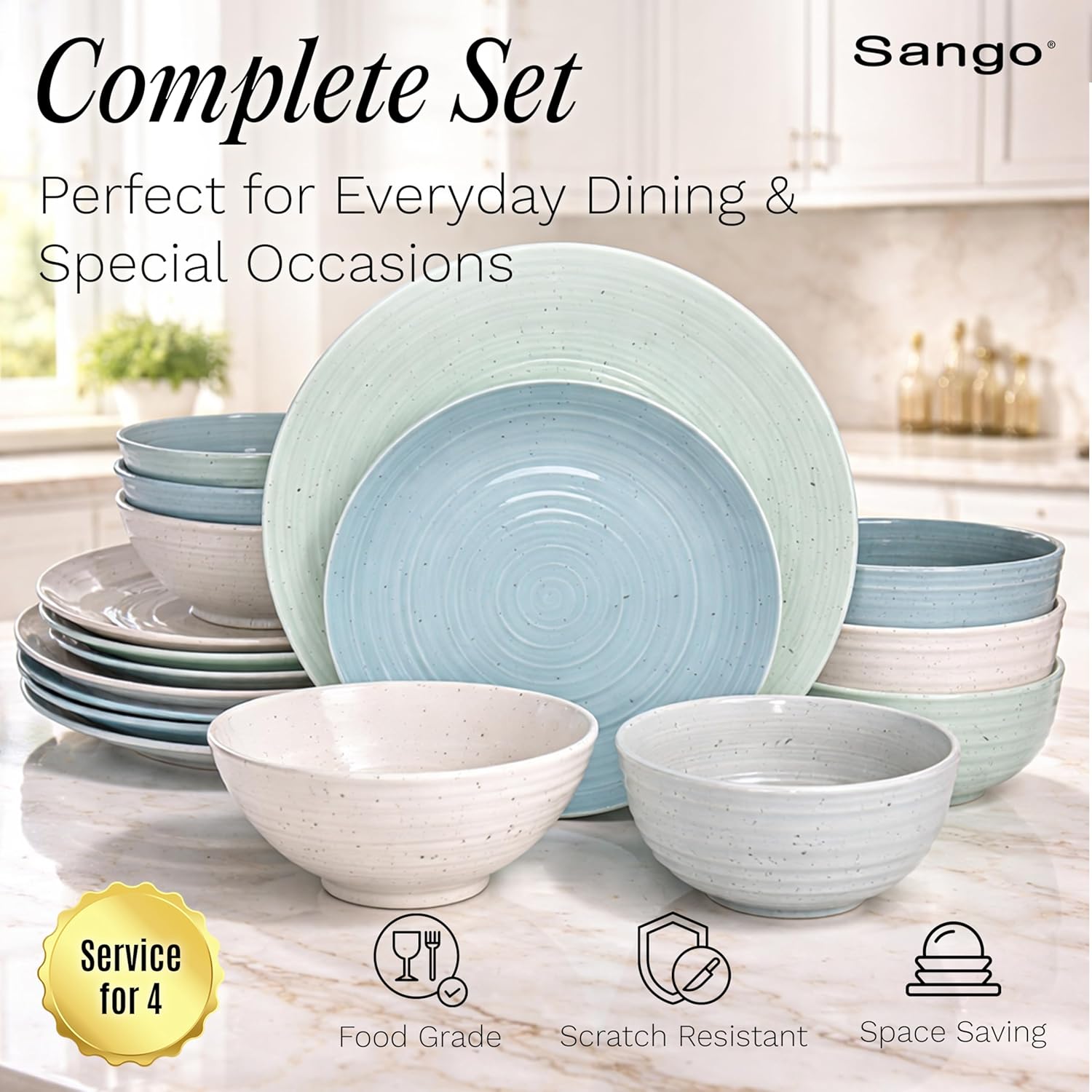 Sango Siterra Artist's Blend 16-Piece Stoneware Dinnerware Set for 4, Green, Cream & White Glossy Dishes with Speckles, Ceramic Plates and Bowls Sets for Everyday Dining, Microwave & Dishwasher Safe