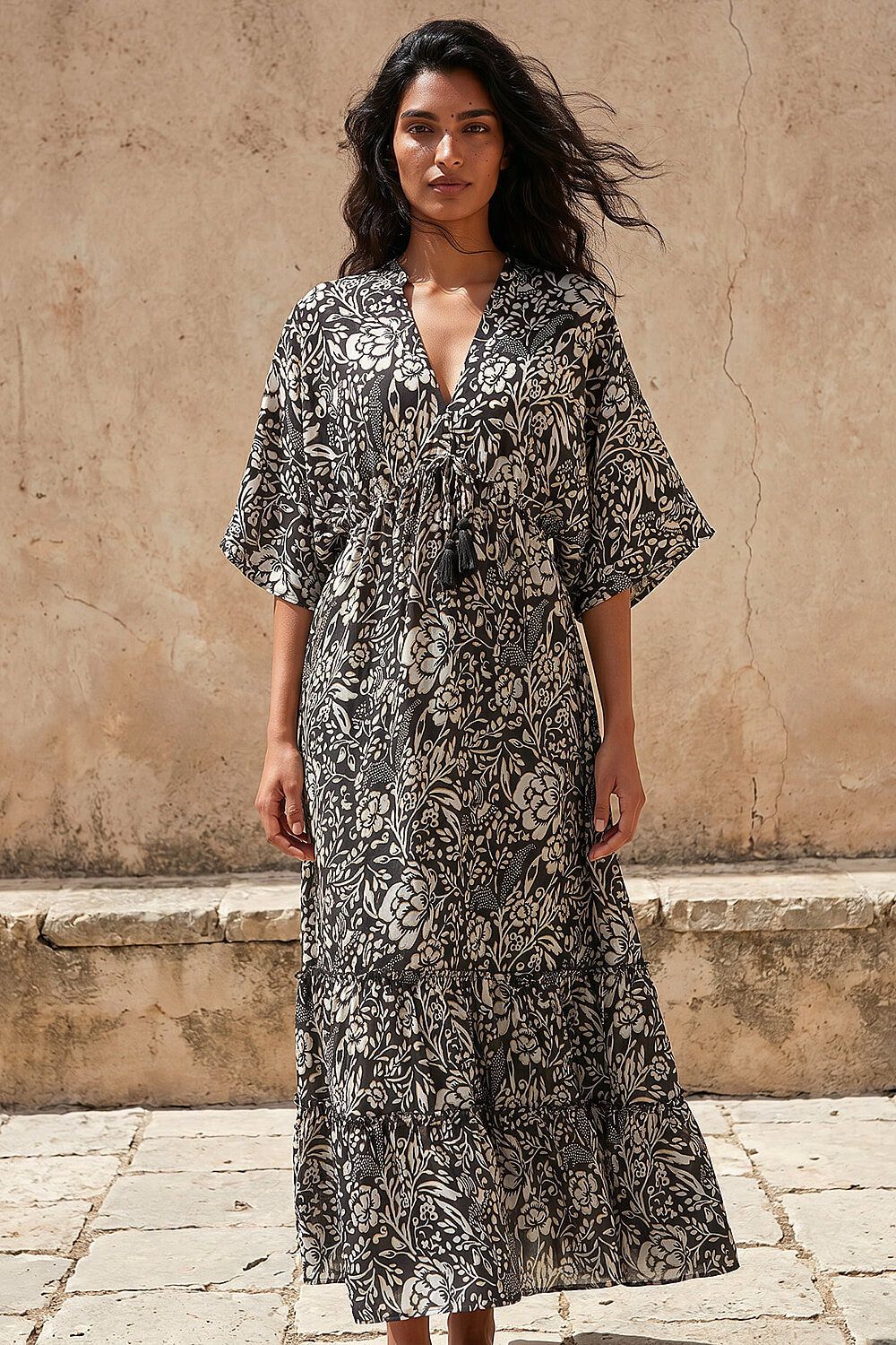 Roman Boho Floral Print V-Neck Maxi Dress