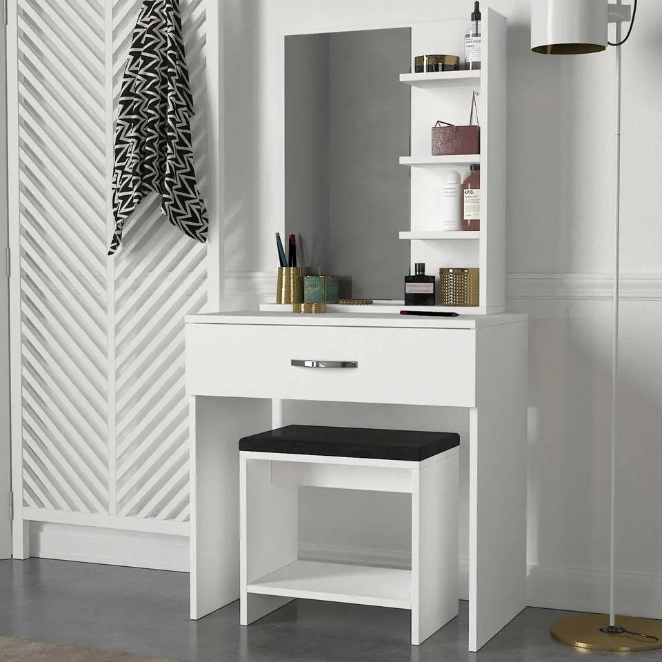 Make-uptafel Olivia - met opbergruimte - met krukje - wit