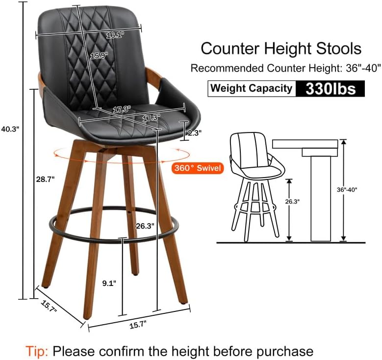 26 Inch Counter Height Stools Set of 2, Modern Mid Century Upholstered Upholstered Swivel Stool with Curved Back and Arms for Kitchen Island, Black