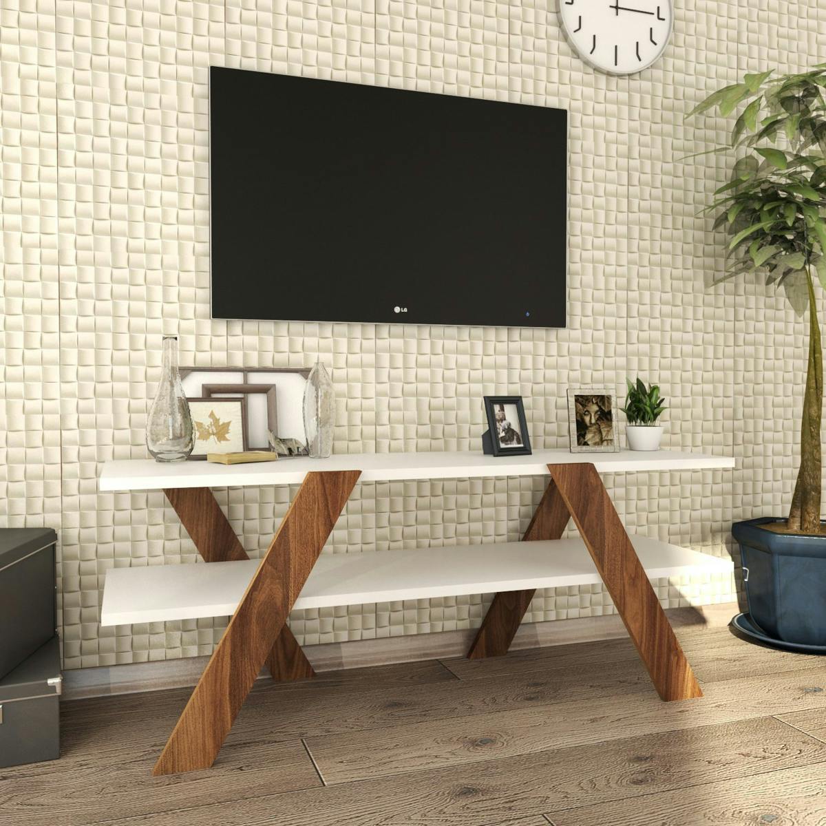 Banc TV blanc moderne avec pieds décor bois foncé MARFA