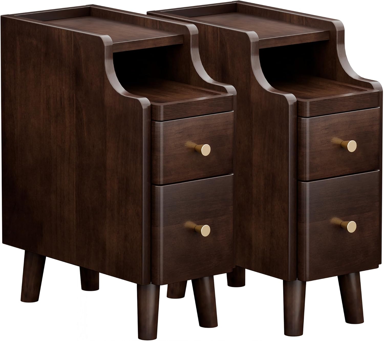 Narrow Nightstand with Drawers Set 2, Pre-Assembled Solid Wood Small Skinny Night Stand with Open Sliding Shelf Slim Bedside Table for Bedroom, Slim Side Table 2, Black Walnut, 8