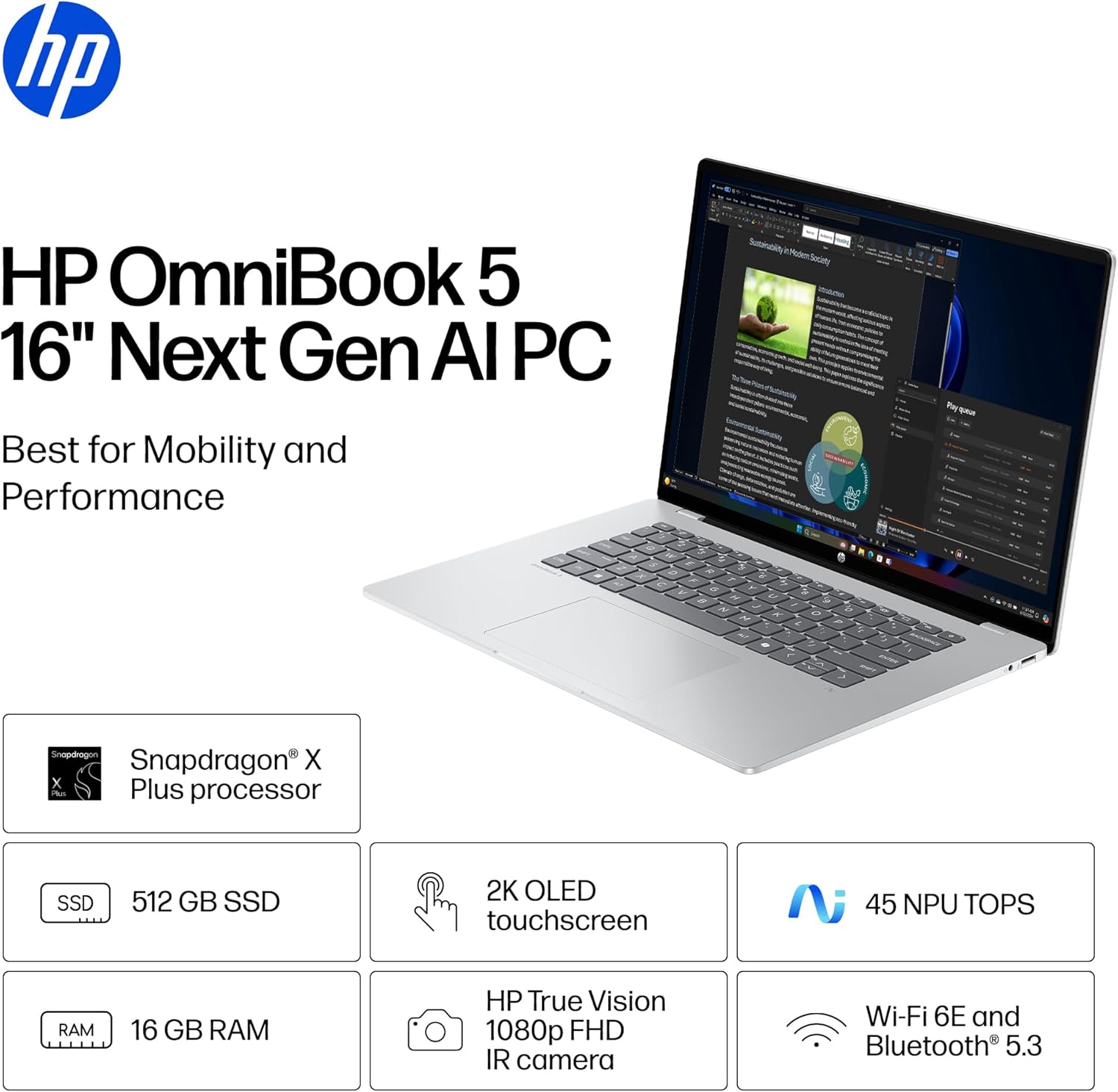HP OmniBook 5 16 inch Next Gen AI PC  2K Touchscreen  Snapdragon X Plus X1P-42-100  16 GB RAM  512 GB SSD  Qualcomm Adreno GPU  Windows 11 Home  Glacier Silver  16-fb0000nr
