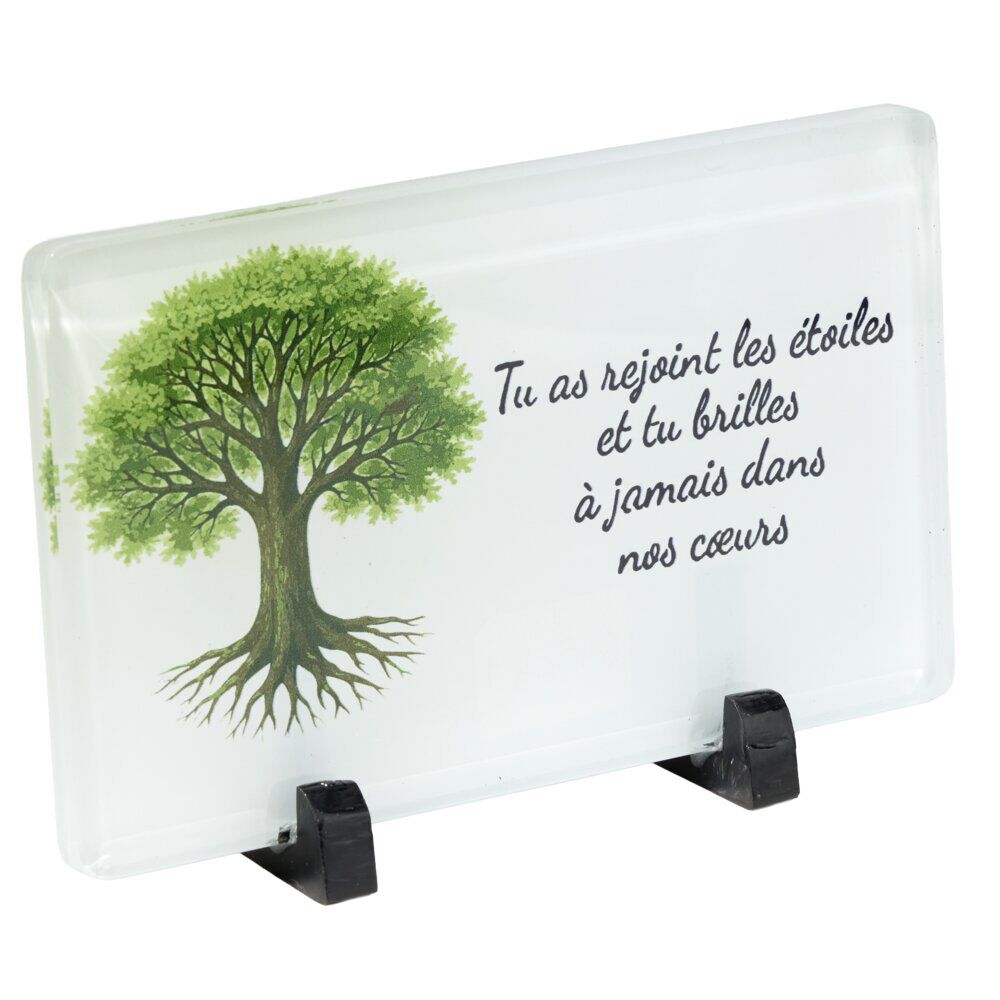 Plaque funéraire inscription arbre de vie verre blanc pied métal 20x8,3xH12,5cm