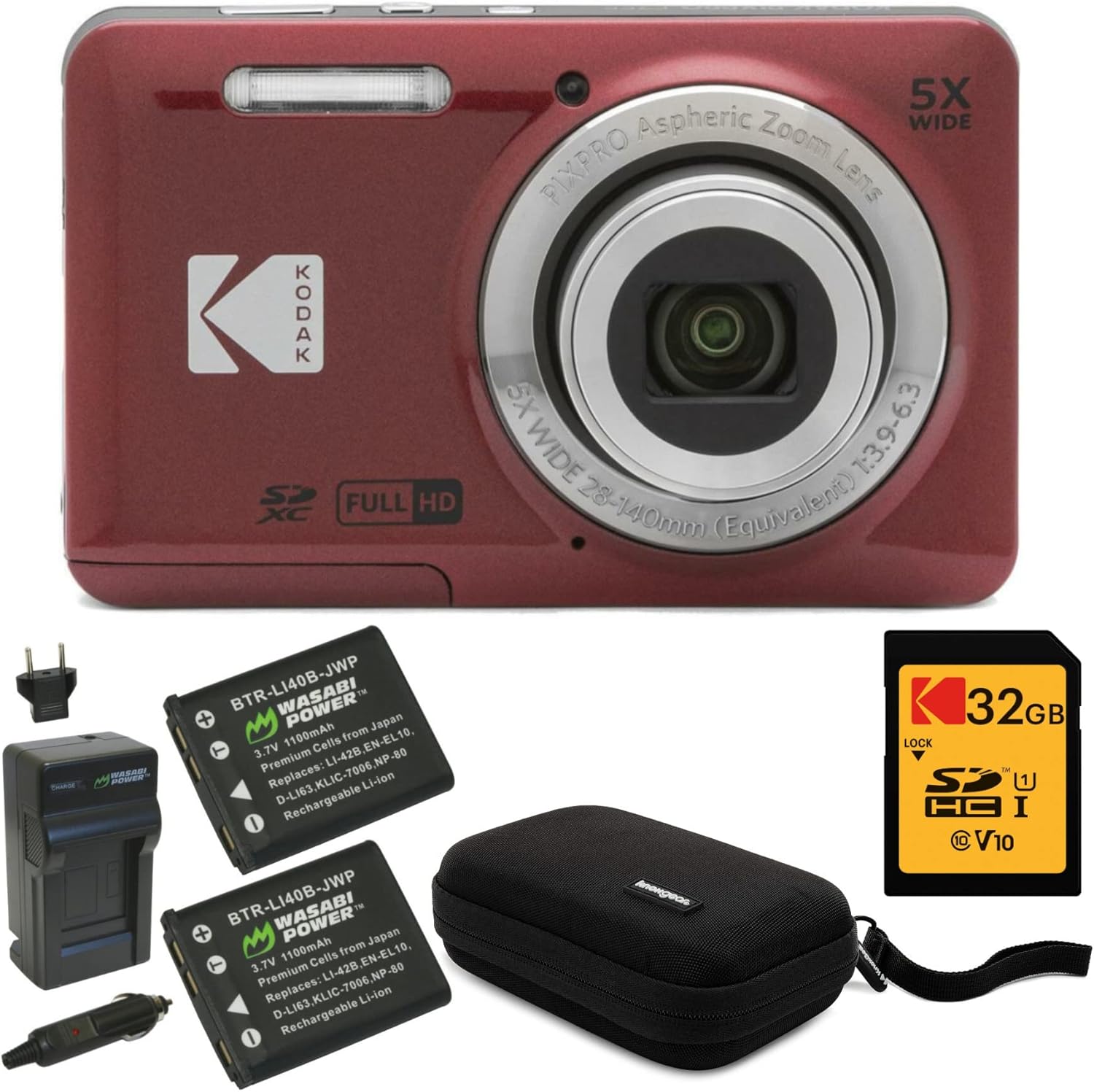 KODAK PIXPRO Friendly Zoom FZ55 Digital Camera (Red) Bundle with 32GB SD Card  Camera Case  and Battery Travel Charger (4 Items)