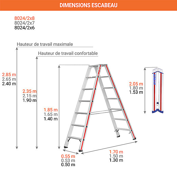 Escabeau double 2x7 marches - Hauteur max. de travail 3,15m - 8024/2X7