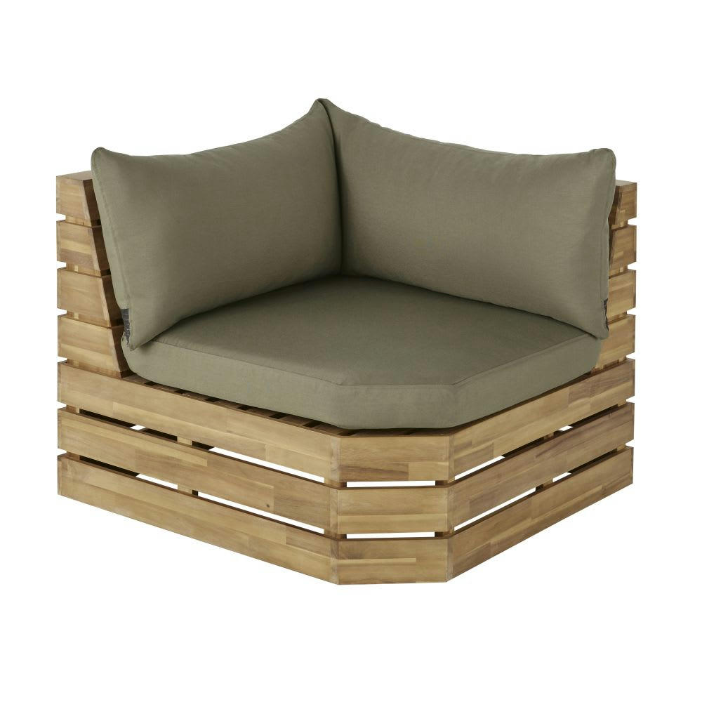 Floripa Business - Angle de canapé de jardin modulable professionnel en acacia massif et coussins vert kaki
