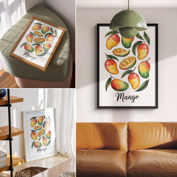 Plakaty canvas A4 Egzotyczne mango zielone liście ilustracja
