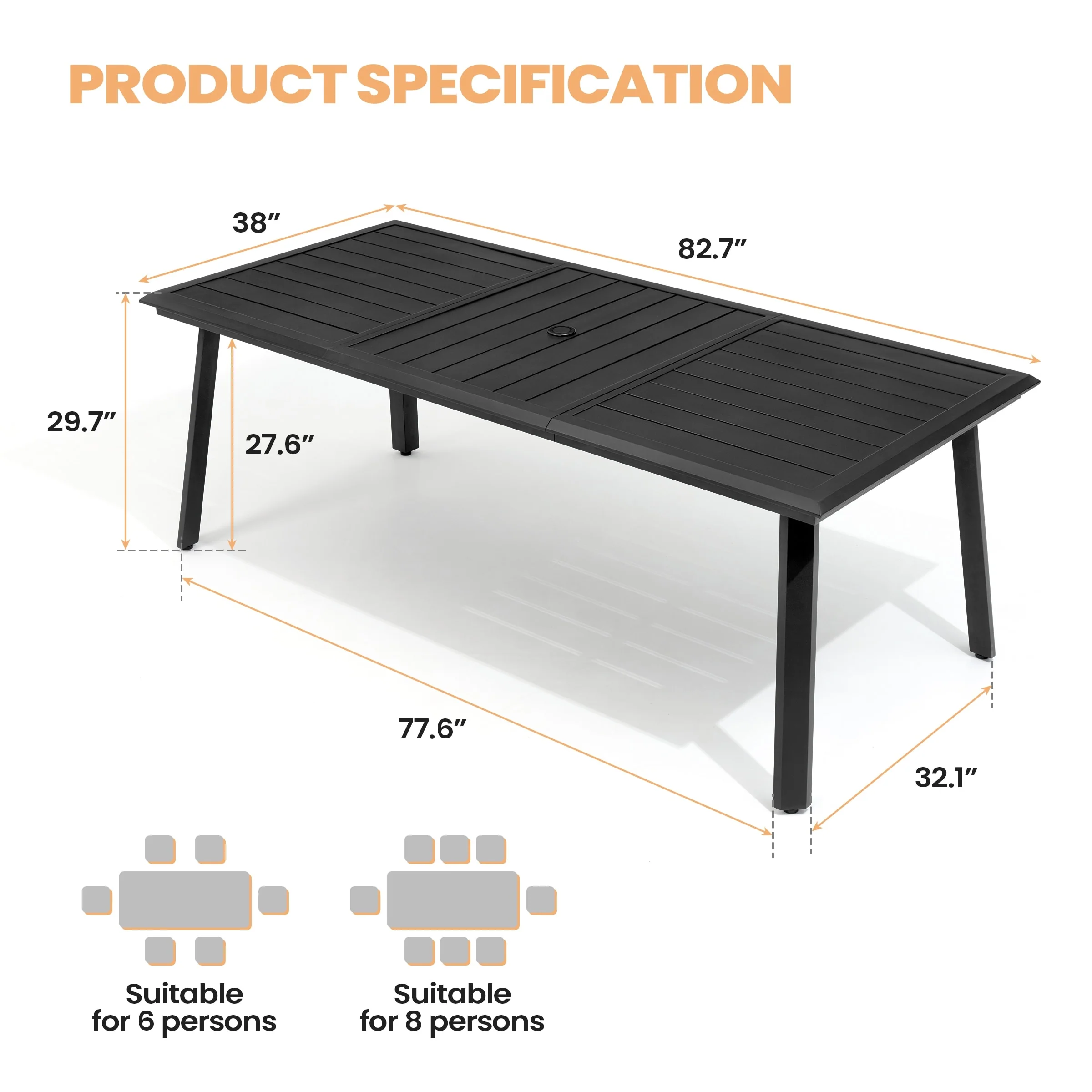 Pellebant Outdoor Aluminum Dining Table with Umbrella Hole for 6-8 Person