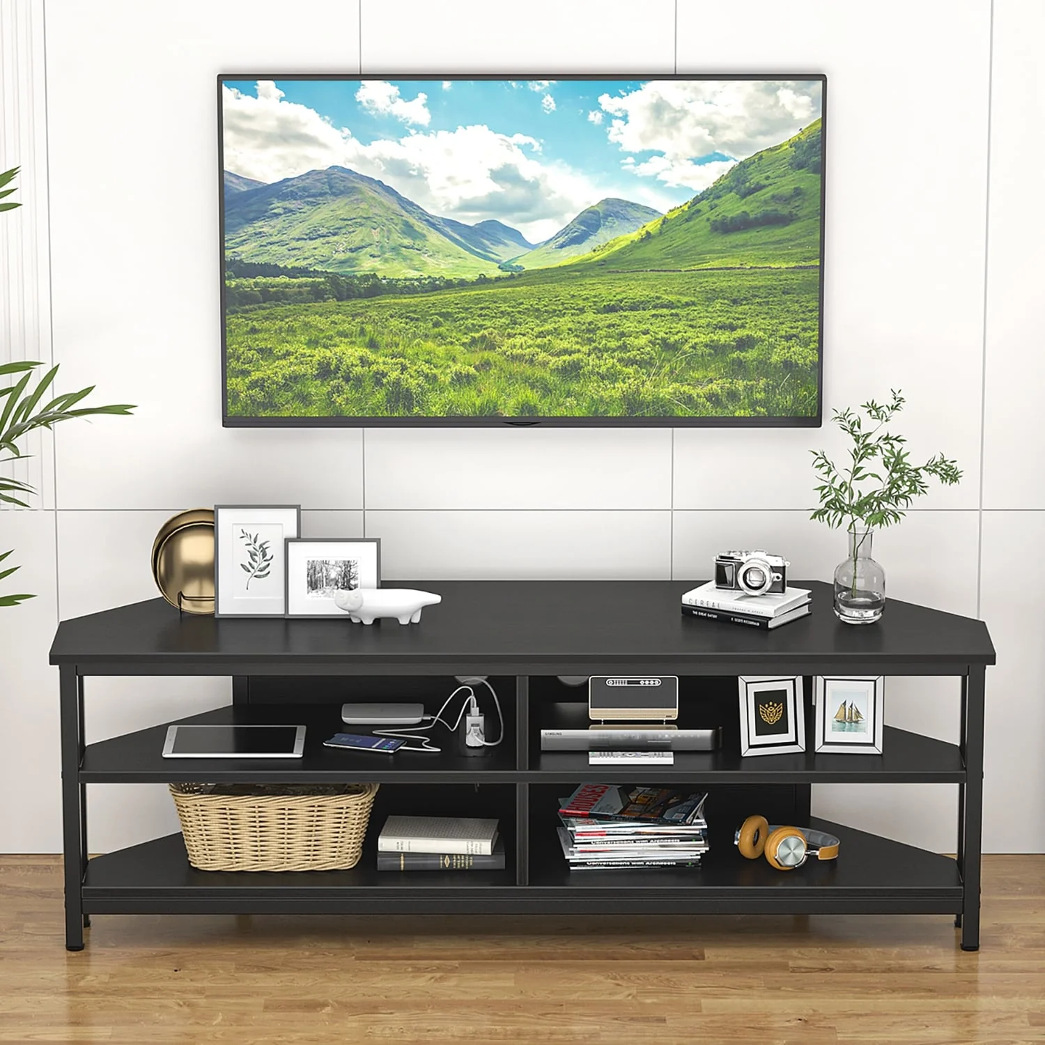 Farmhouse Wood Corner TV Stand with Power Outlet, Space Saving Entertainment Center Media TV Console Table