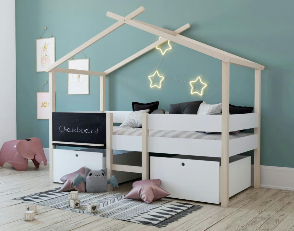 ALTO - Lit enfant cabane   avec tiroirs blanc   effet bois    90x200