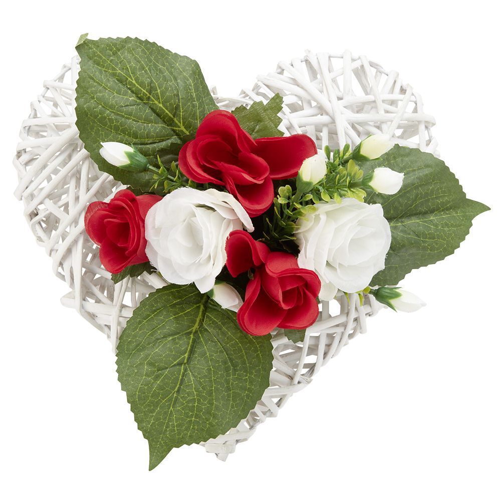 Coeur en rotin   rose artificielle rouge blanc H18 cm