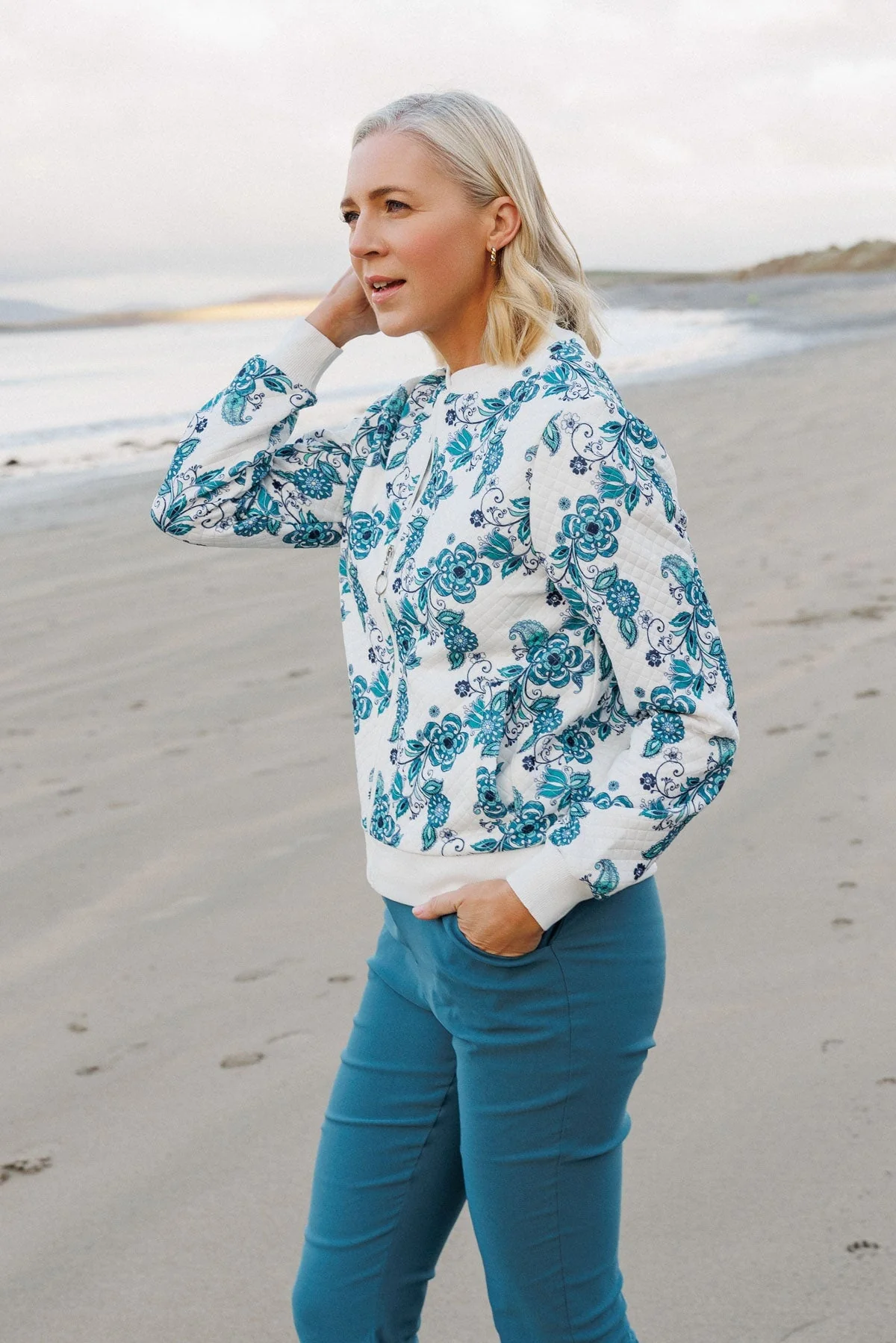 Teal Printed Textured Jersey Bomber Jacket